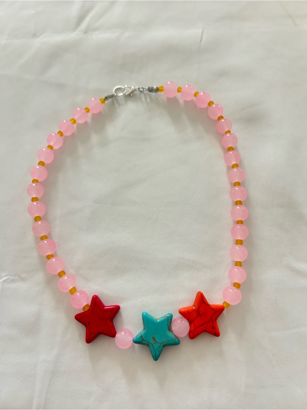 Round Top Chic💌✨🐎 Pink Beaded Necklace with Red & Turquoise Star Accents